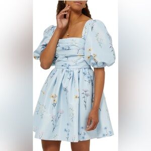 Self-Portrait Floral Watercolour Taffeta Mini Dress Light Blue Women's Size 6